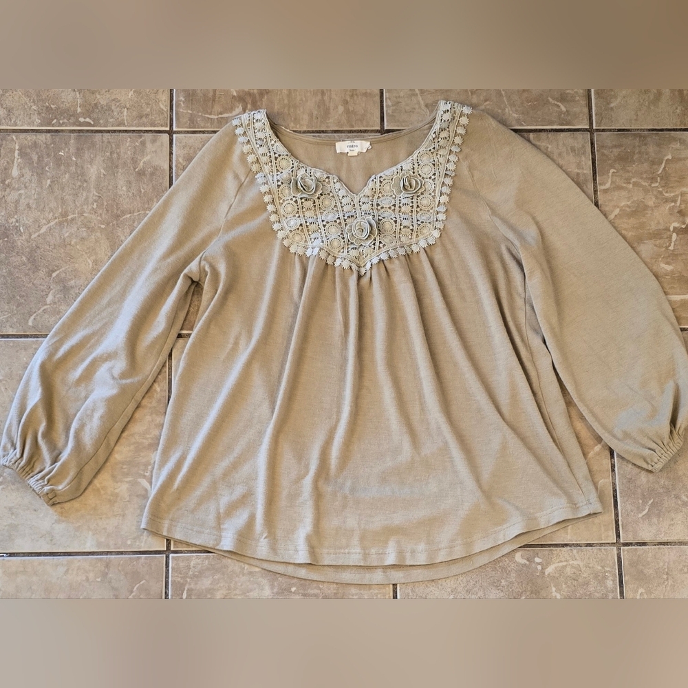 Entro Khaki Floral Embroidered Detail Flowy Puff Sleeve Top- Size Small